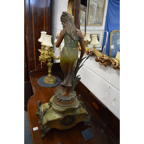 851 - A good large spelter bronze and onyx figural mantel clock.