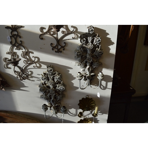 871 - A pair of painted carved wood twin branch wall lights.