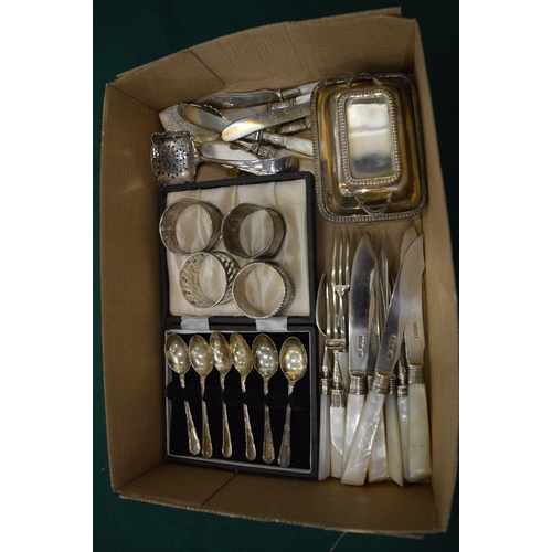 891 - Silver and plated items to include a cased set of six silver coffee spoons, silver and mother of pea... 