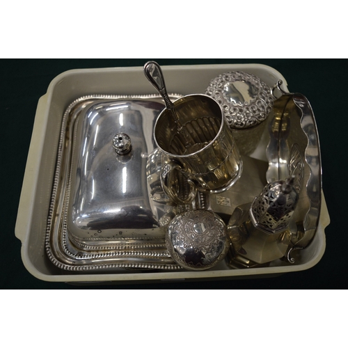 892 - A collection of silver and plated items to include a small oval twin handled tray, Christening tanka... 