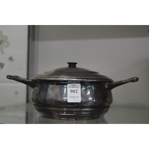 902 - W.A.S Benson, a silver plated twin handled small tureen and cover.