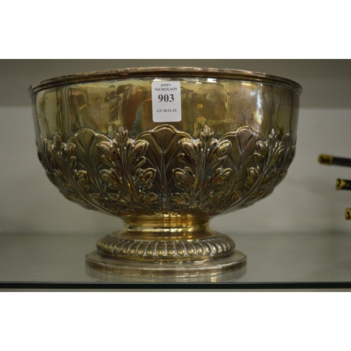 903 - A good large silver pedestal bowl with embossed leaf work decoration.