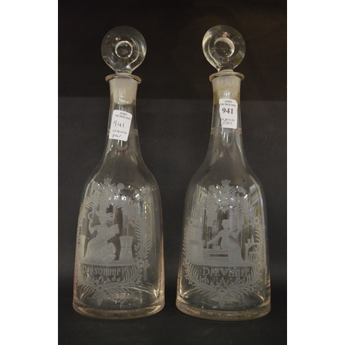 941 - A good pair of engraved decanters and stoppers 'Summer & Winter'.