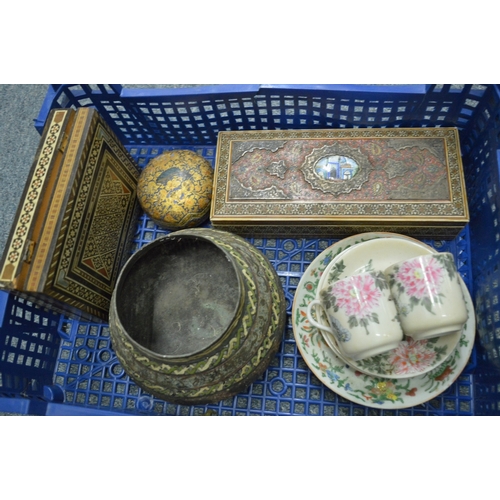 977 - An Indian lacquer box with enamel decoration together with other Eastern items of metalware etc.