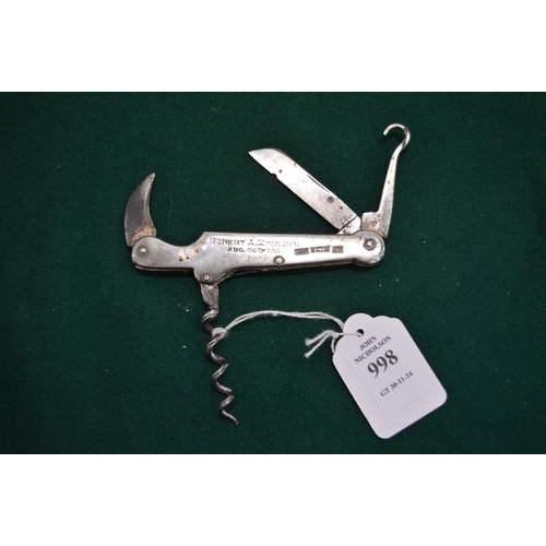 998 - A silver mounted multi-tool with leather case.