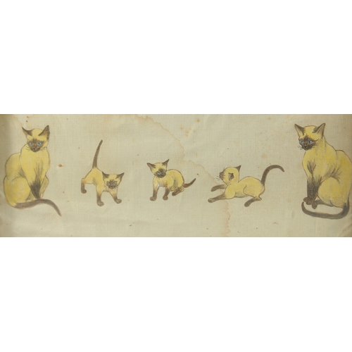 103 - Watercolour study of Siamese cats and kittens on silk. 11