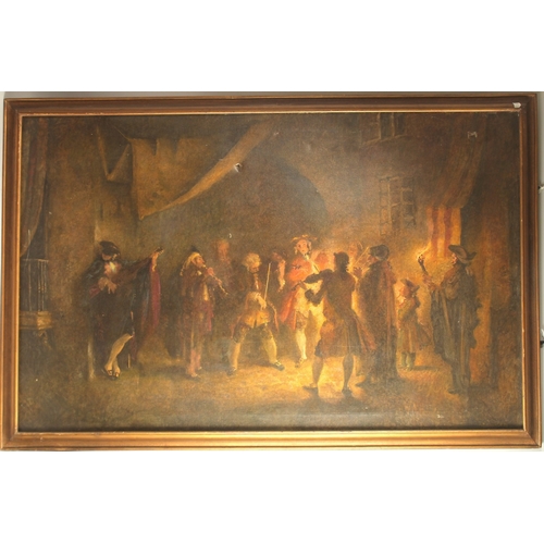 196 - LATE 19TH CENTURY CONTINENTAL SCHOOL. Figures in a street playing instruments by firelight, oil on c... 