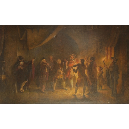 196 - LATE 19TH CENTURY CONTINENTAL SCHOOL. Figures in a street playing instruments by firelight, oil on c... 