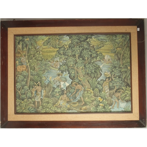 197 - 20TH CENTURY INDONESIAN SCHOOL. A forest scene with figures, animals and an apple tree, canvas laid ... 