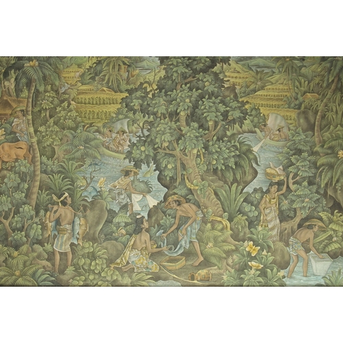 197 - 20TH CENTURY INDONESIAN SCHOOL. A forest scene with figures, animals and an apple tree, canvas laid ... 