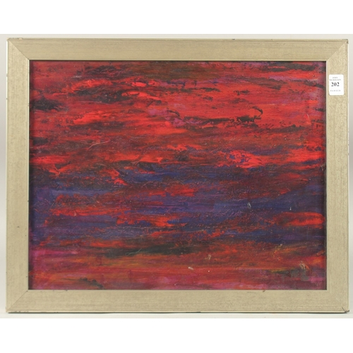 202 - PATRICIA LANGMEAD (20TH CENTURY).  'Red Sky at Night', a landscape, oil on panel. Signed with initia... 