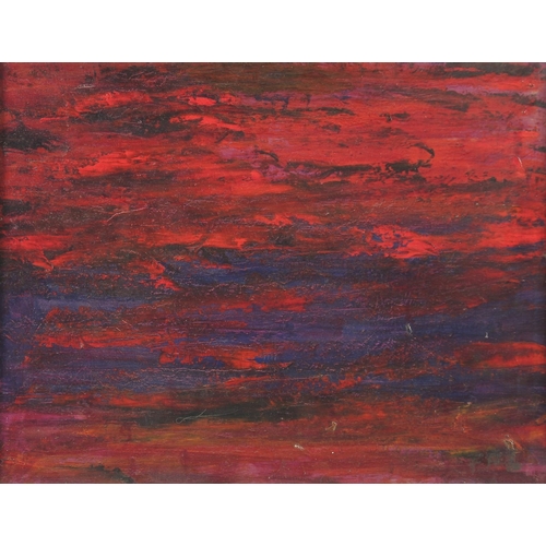 202 - PATRICIA LANGMEAD (20TH CENTURY).  'Red Sky at Night', a landscape, oil on panel. Signed with initia... 