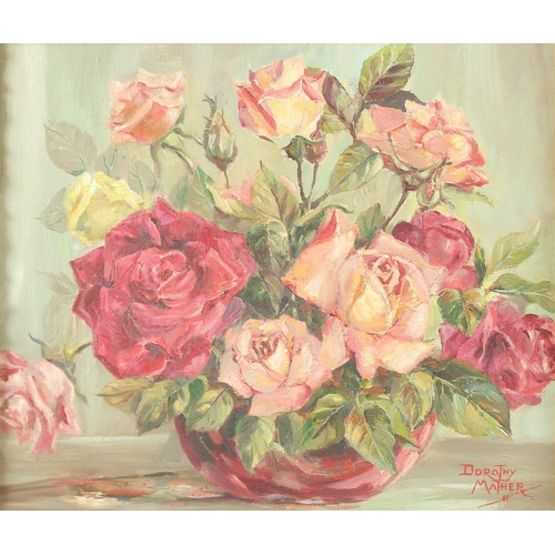 203 - DOROTHY MATHER (20TH CENTURY). A Still Life of Roses, oil on board. Signed, 12