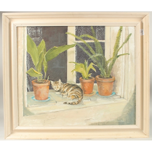 205 - BRIAN WILSON (20TH CENTURY). A cat resting amongst flowerpots on a windowsill, oil on canvas. Signed... 