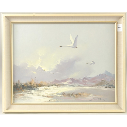 207 - C. HOWARD DEVONALD (b. 1944). Swans flying over water with hills beyond, oil on canvas. Signed, 14