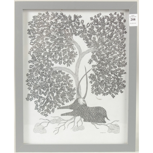 208 - RAM SINGH URVETI (B. 1970) INDIAN GOND ARTIST. A deer sat beneath a tree, ink on paper. Signed, 14