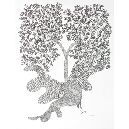 210 - RAM SINGH URVETI (B. 1970) INDIAN GOND ARTIST. A bird beneath a tree, ink on paper. Signed, 14