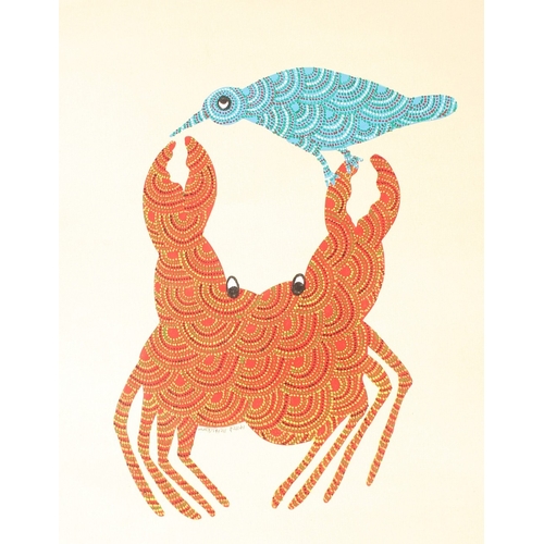 212 - RAM SINGH URVETI (B. 1970) INDIAN GOND ARTIST. A bird and a crab, gouache. Signed, 14