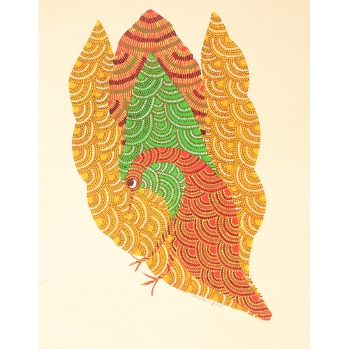 213 - RAM SINGH URVETI (B. 1970) INDIAN GOND ARTIST. A bird surrounded by foliage, gouache. Signed, 14