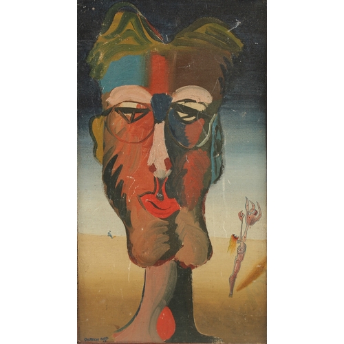 214 - GORDON BIRD (20TH CENTURY). A surrealist head study of a male figure, oil on canvas laid down. Signe... 