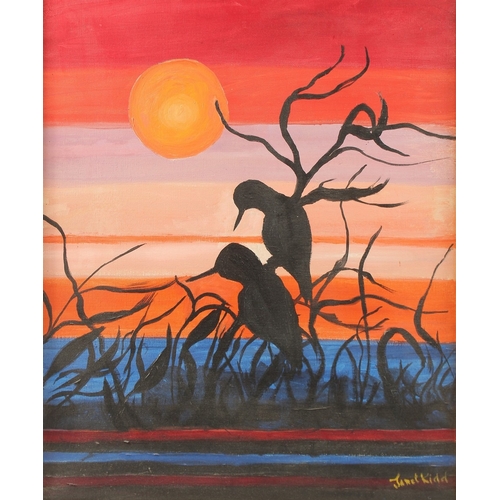 215 - JANET KIDD, BRITISH. Birds on a tree by water with the setting sun, oil on canvas. Signed, 24