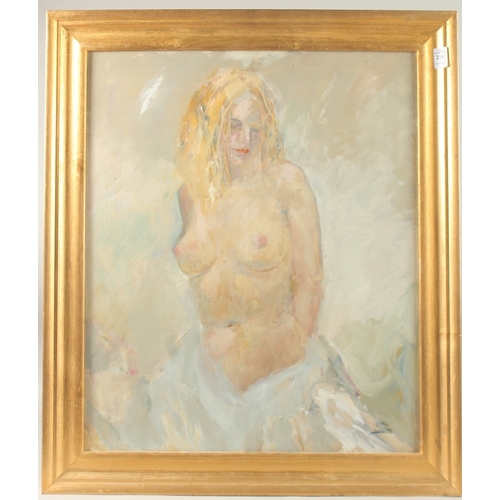 216 - FRANK DOBSON(1888-1963) A half length study of a female nude with blonde hair, oil on board. 24