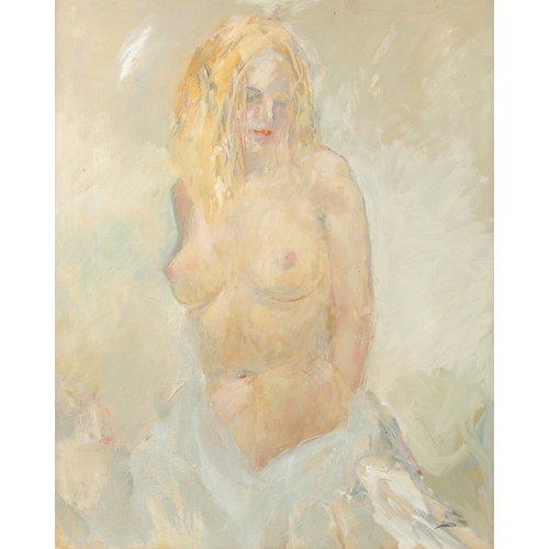 216 - FRANK DOBSON(1888-1963) A half length study of a female nude with blonde hair, oil on board. 24