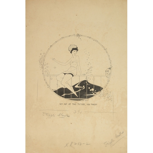 22 - Circle of George Wolfe Plank, an ink drawing of an elegant female figure with two peacocks, image si... 