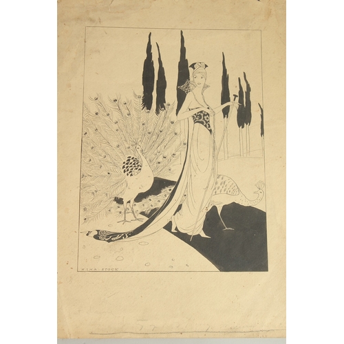 22 - Circle of George Wolfe Plank, an ink drawing of an elegant female figure with two peacocks, image si... 