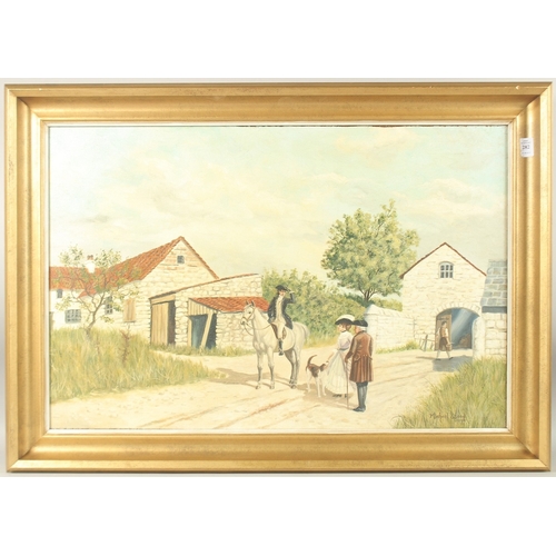 282 - MICHAEL WOOD. Been hunting, a man on a grey horse, figures and house to the right. Signed, oil on ca... 