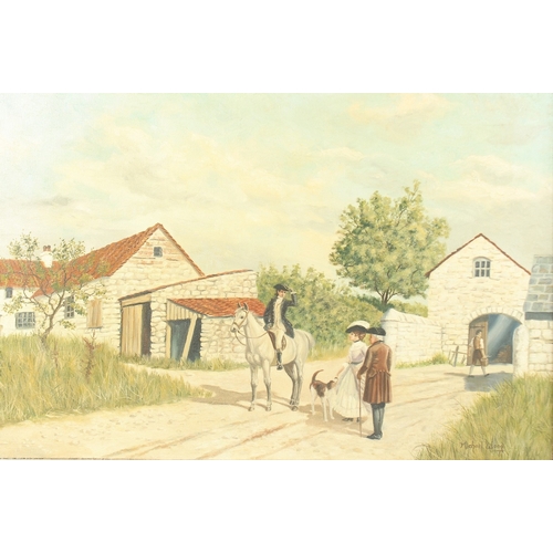 282 - MICHAEL WOOD. Been hunting, a man on a grey horse, figures and house to the right. Signed, oil on ca... 