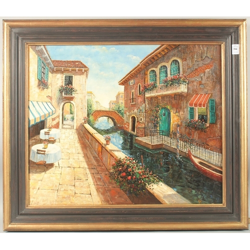 284 - N. M. L. Venetian backwater with terraces, arched bridge and flowers. Monogrammed N. M. L. Oil on bo... 