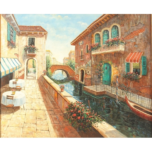 284 - N. M. L. Venetian backwater with terraces, arched bridge and flowers. Monogrammed N. M. L. Oil on bo... 