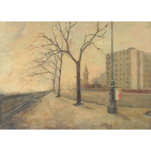 285 - CONTINENTAL SCHOOL. Beside the river, with trees and buildings. Oil on board. 20