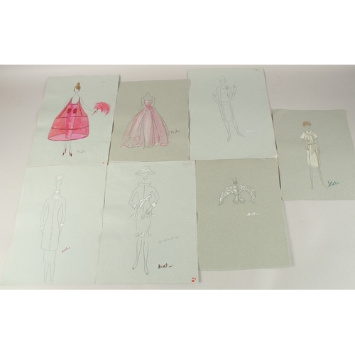 287 - CECIL BEATON (CIRCA 1920). Seven drawings for dresses, on coloured paper, unframed. Signed. 13