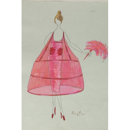 287 - CECIL BEATON (CIRCA 1920). Seven drawings for dresses, on coloured paper, unframed. Signed. 13