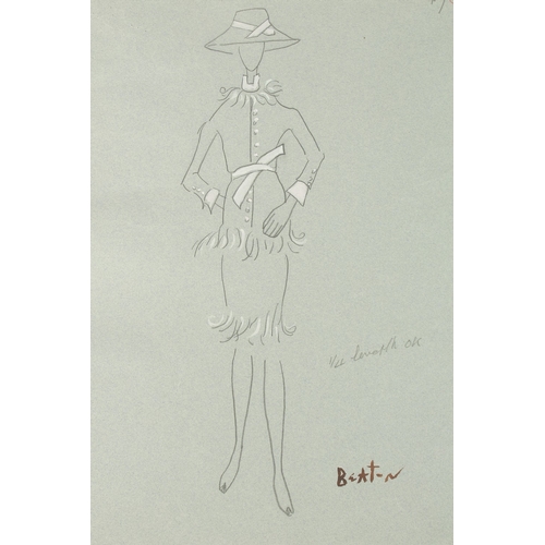 287 - CECIL BEATON (CIRCA 1920). Seven drawings for dresses, on coloured paper, unframed. Signed. 13