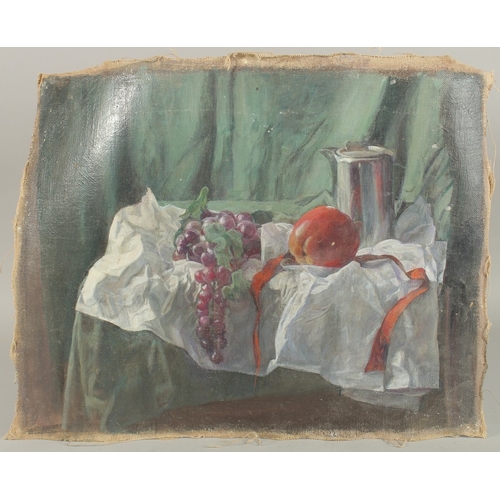 303 - GEORGE WEISSBORT (1928 - 2013). Still Life. A jug , peach and grapes on a white cloth. Canvas, unstr... 