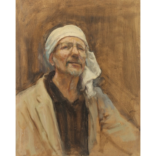 513 - GEORGE WEISSBORT (1928 - 2013). Portrait of the artist in a white turban. Unframed, panel. 24