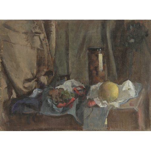 520 - GEORGE WEISSBORT (1928 - 2013). Still Life. A jar of fruit, apple and grapes. Unframed, canvas on bo... 