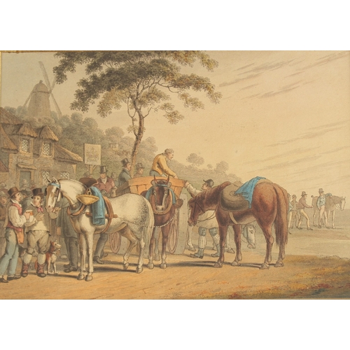 56 - 19TH CENTURY ENGLISH SCHOOL. A Scene Outside a Tavern, watercolour over etched base, unframed. 6.5