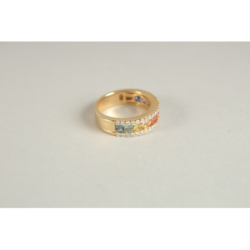 1002 - AN 18CT YELLOW GOLD AND MULTI-COLOURED SAPPHIRE AND DIAMOND HALF HOOP RING.