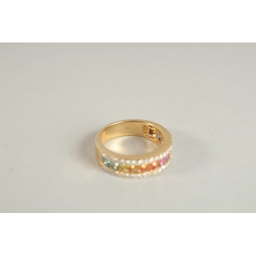 1002 - AN 18CT YELLOW GOLD AND MULTI-COLOURED SAPPHIRE AND DIAMOND HALF HOOP RING.