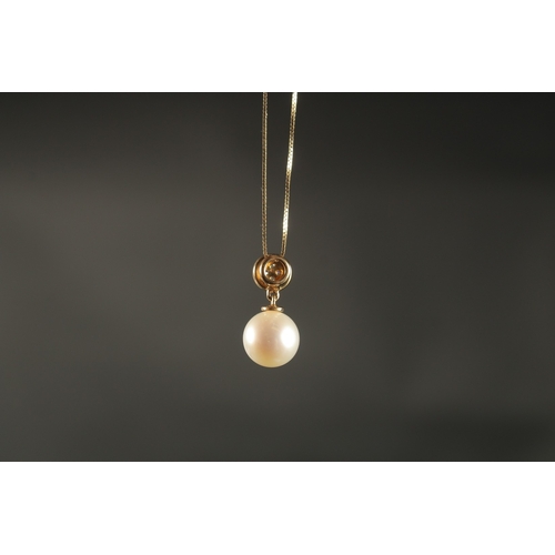 1015 - A 9CT YELLOW GOLD CULTURED PEARL AND DIAMOND BALE PENDANT with 9ct yellow gold box link chain, boxed... 