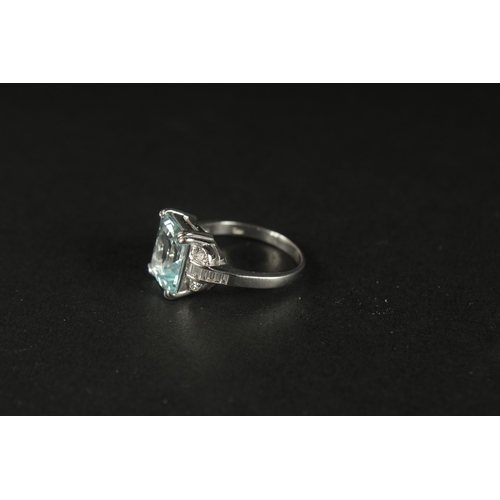 1033 - AN 18CT WHITE GOLD AQUAMARINE AND DIAMOND RING. Emerald cut aquamarine 3.41ct. RBC and baguette diam... 