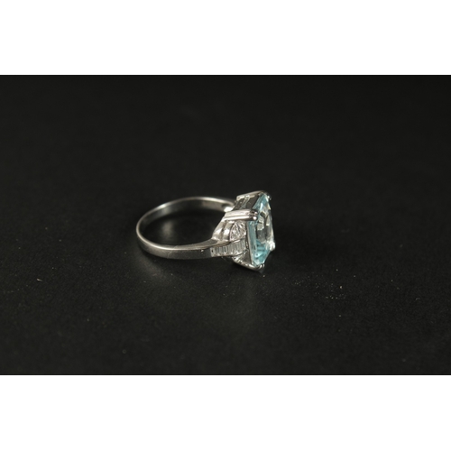 1033 - AN 18CT WHITE GOLD AQUAMARINE AND DIAMOND RING. Emerald cut aquamarine 3.41ct. RBC and baguette diam... 