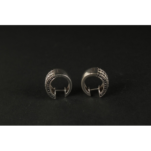 1034 - A CERTIFICATED WEIGHTY PAIR OF 14CT WHITE GOLD HALF HOOP EARRINGS set with natural black and white R... 