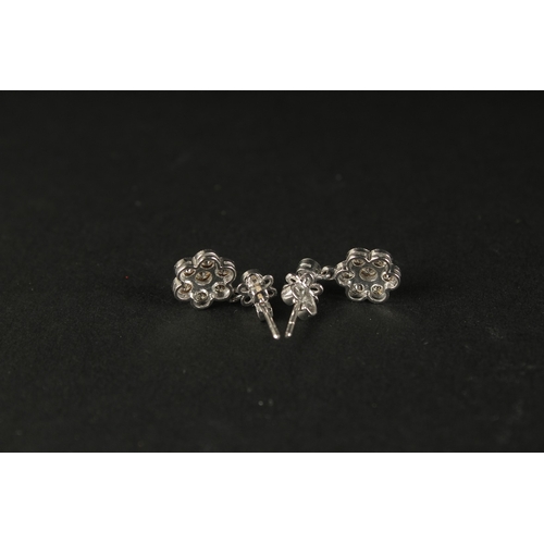 1035 - A PAIR OF 18CT WHITE GOLD DAISY-STYLE DIAMOND SET CLUSTER DROPLET EARRINGS, boxed. RBC diamonds 1.45... 