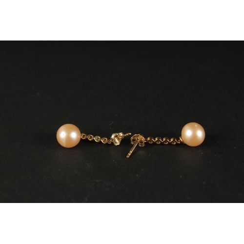 1040 - A PAIR OF 9CT YELLOW GOLD PINK CULTURED PEARL DROP EARRINGS with diamond drop/bale, boxed. RBC diamo... 