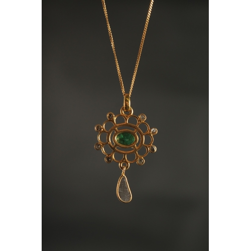 1047 - A FANCY PENDANT in yellow metal set with oval emerald, rose-cut diamonds and a suspended slice diamo... 